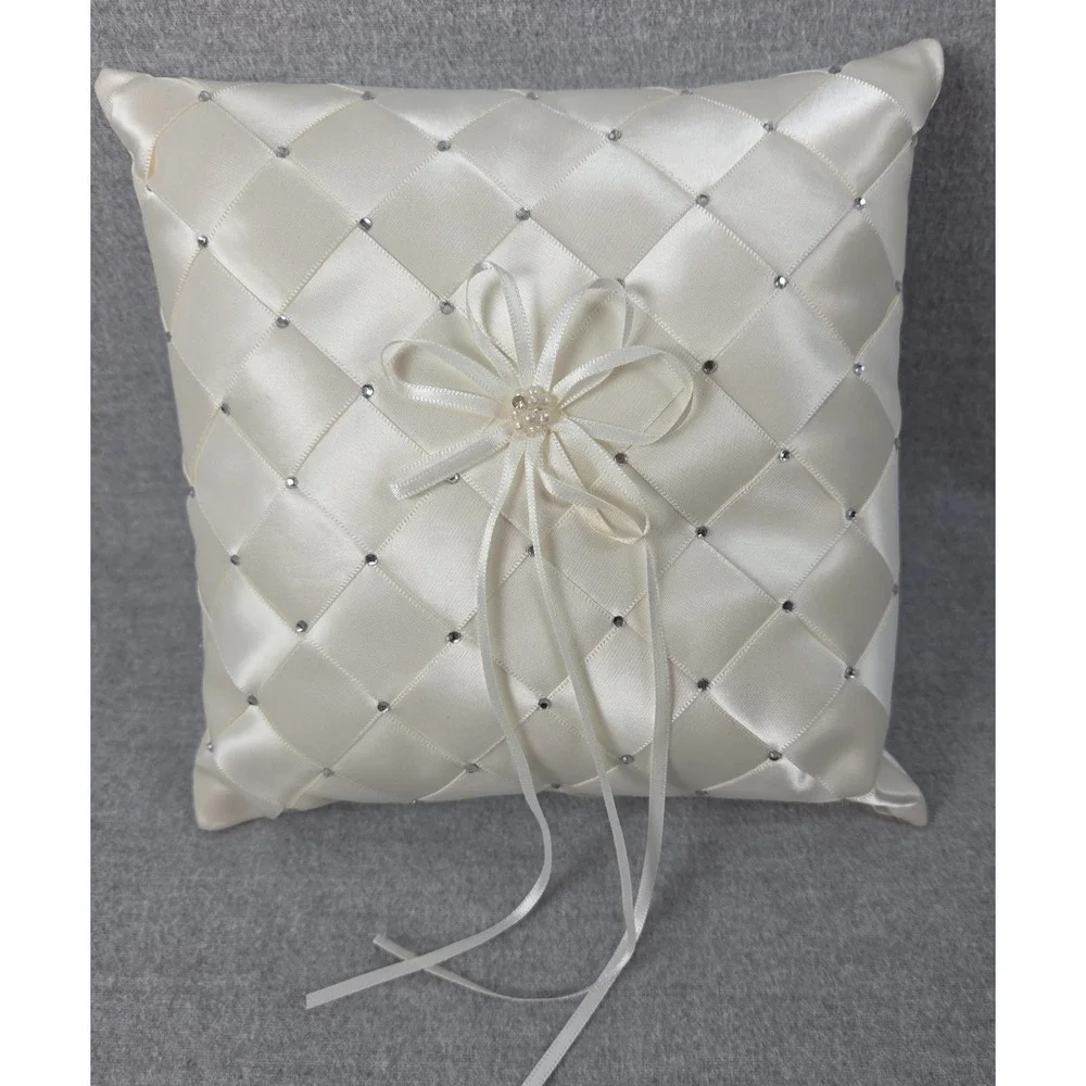 Ivory‎ Satin Crystal Beaded Gems Wedding Ring Bearer Pillow Faux Pearl Accent